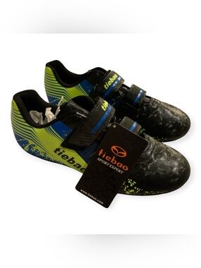Kids Tiebao Cleats in Black, Blue & Neon Green